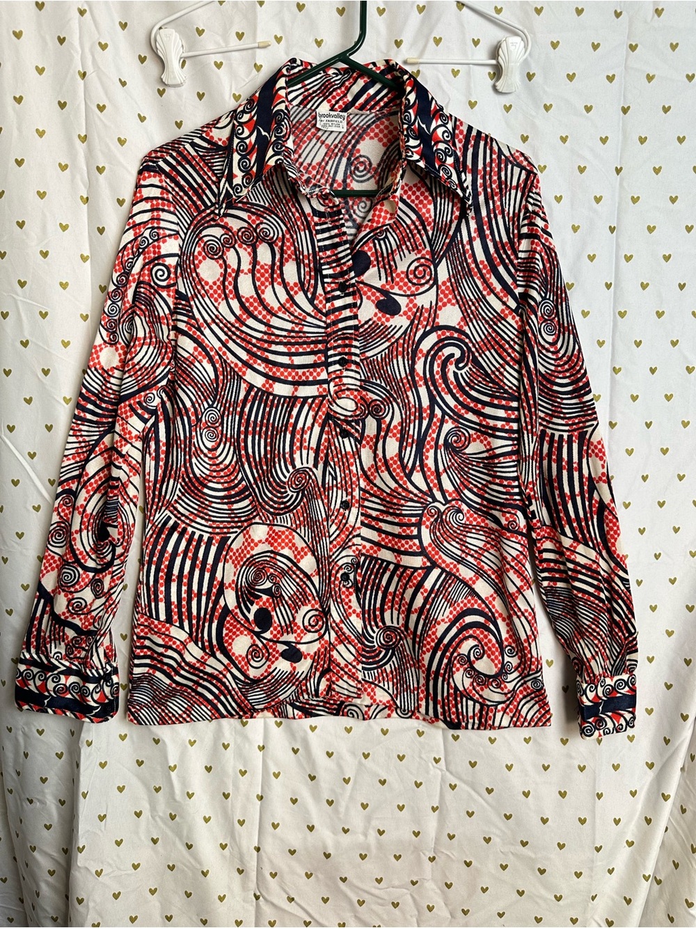 Vintage Brook Valley Red & Black Swirl Button-Up Women's nylon Top
